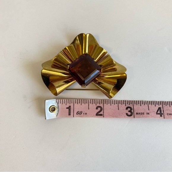 Vintage Gold Vermeil Ruffle Brooch Sterling Silver Princess Cut Garnet Glass Pin - Picture 11 of 11